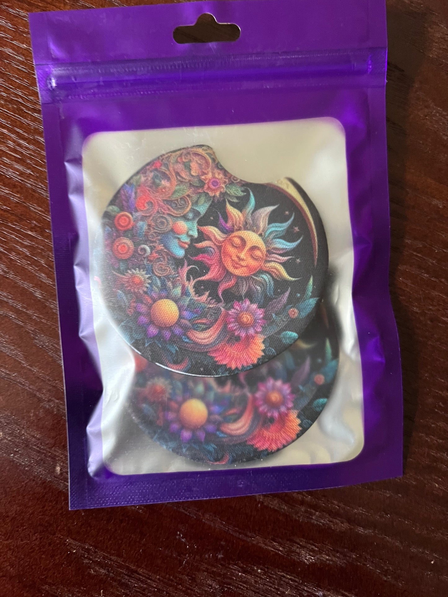 NEOPRENE CAR COASTER SET ( MOON SUN STARS)