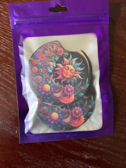 NEOPRENE CAR COASTER SET ( MOON SUN STARS)