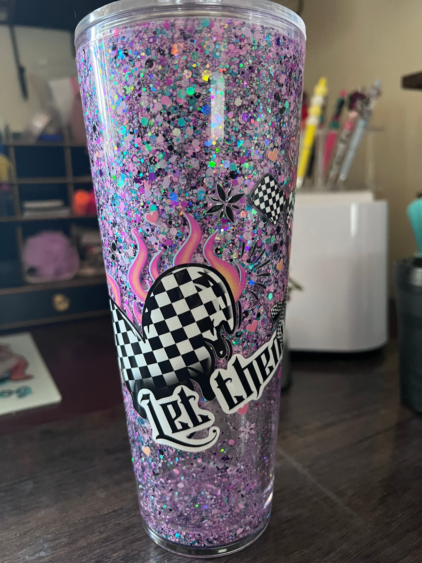 Let Them Checkered Heart with flames snowglobe cup