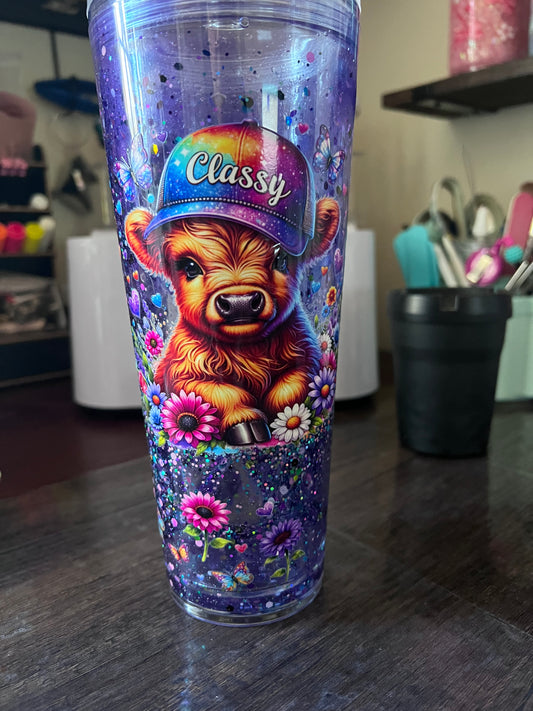 Purple drip "Classy" cow snowglobe cup