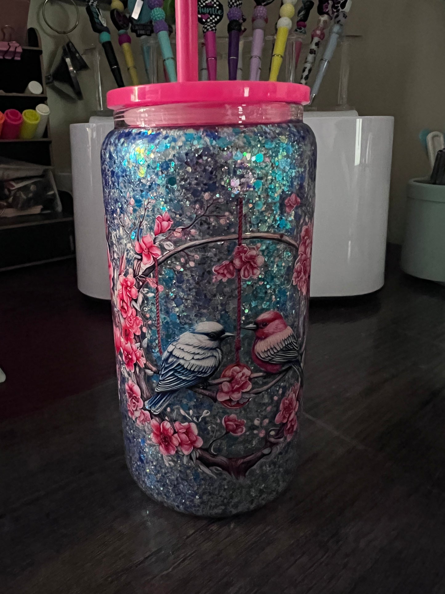 Dry Glitter "LOVE BIRDS" Glass Tumbler