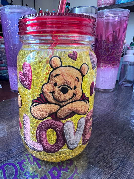 Winnie The pooh "love" mason jar snowglobe tumber