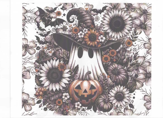 GHOST WITH FLOWERS AND PUMPKIN